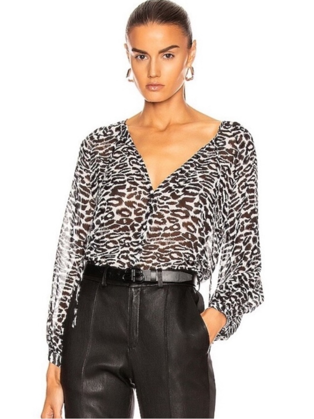 Nili Lotan Acadia Silk Semi-Sheer Blouse in Black & White Leopard Size S